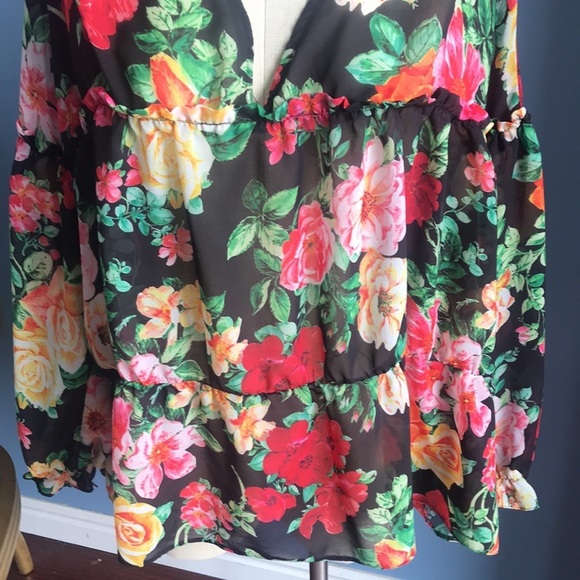 ASOS black floral 3/4 sleeves layered V neck see through top size 14 - Picture 3 of 12